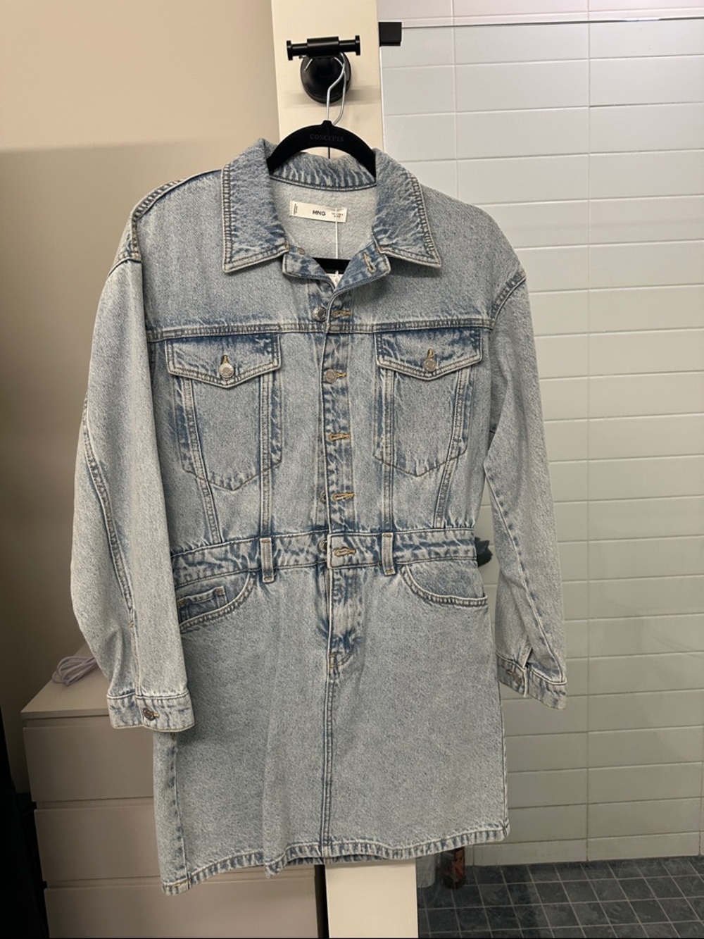Mango Light Wash Denim Jacket Dress in Pale Blue